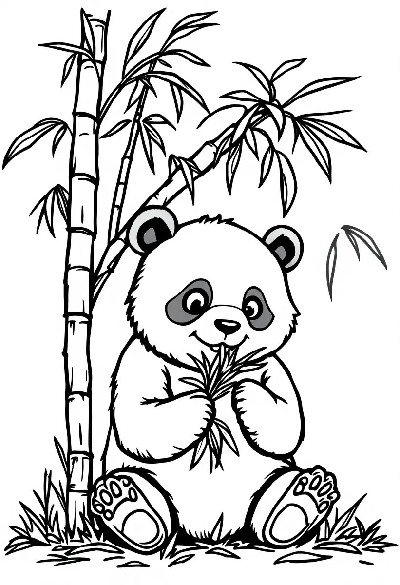Colouring page of a panda eating bamboo in the rainforest to print