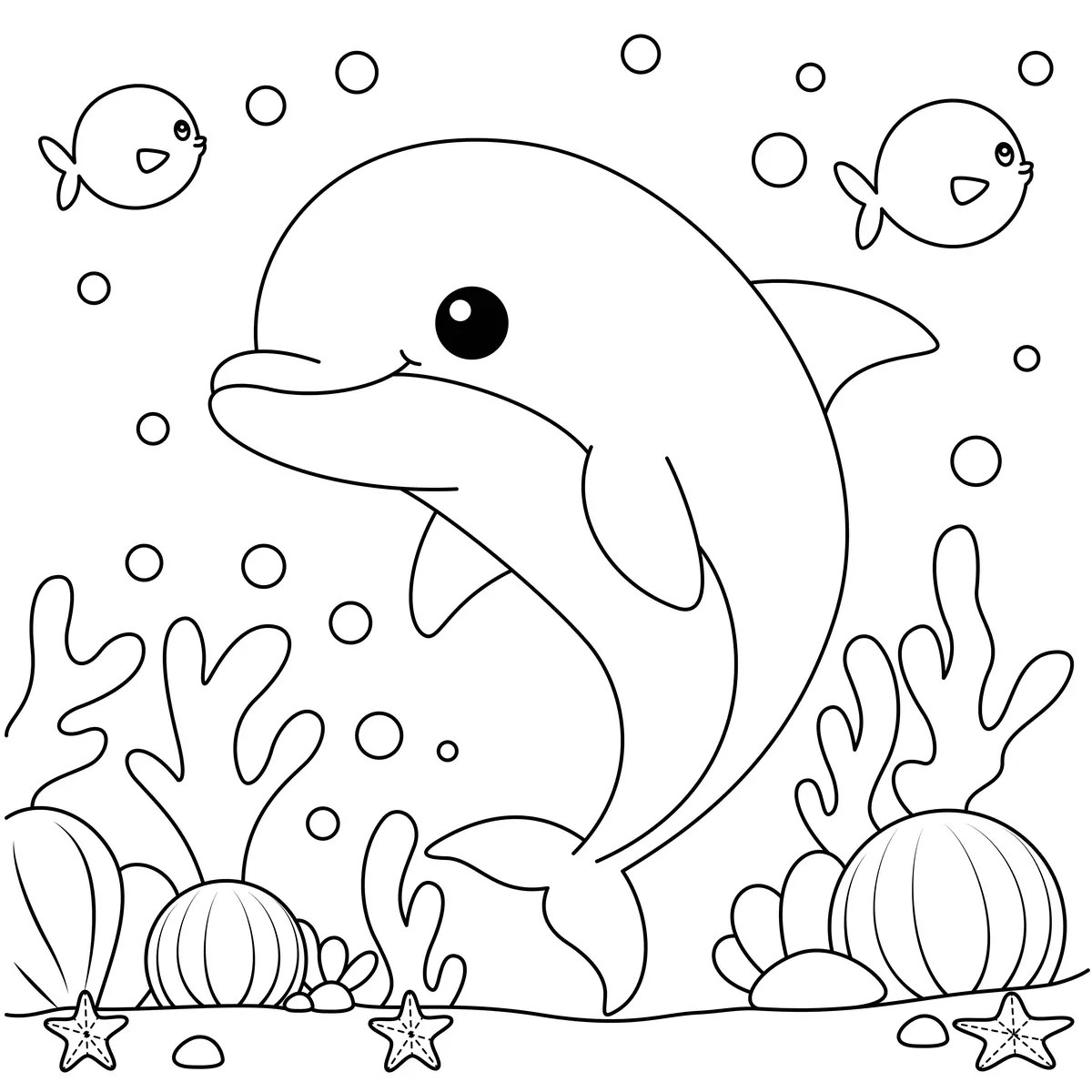 delfín kawaii con peces y coral para colorear e imprimir