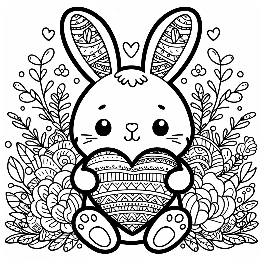 conejo kawaii sosteniendo un gran corazón para colorear e imprimir