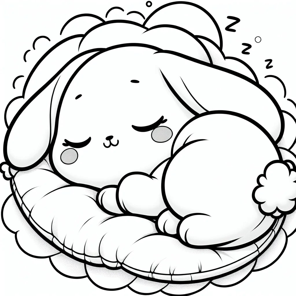 conejo kawaii durmiendo sobre un cojín para colorear e imprimir