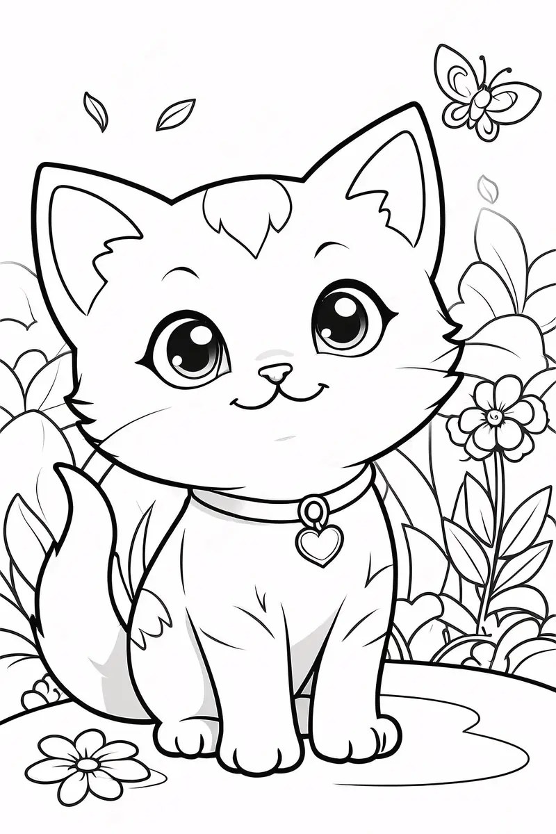 Cute kitten with a heart collar surrounded by flowers colouring page to print