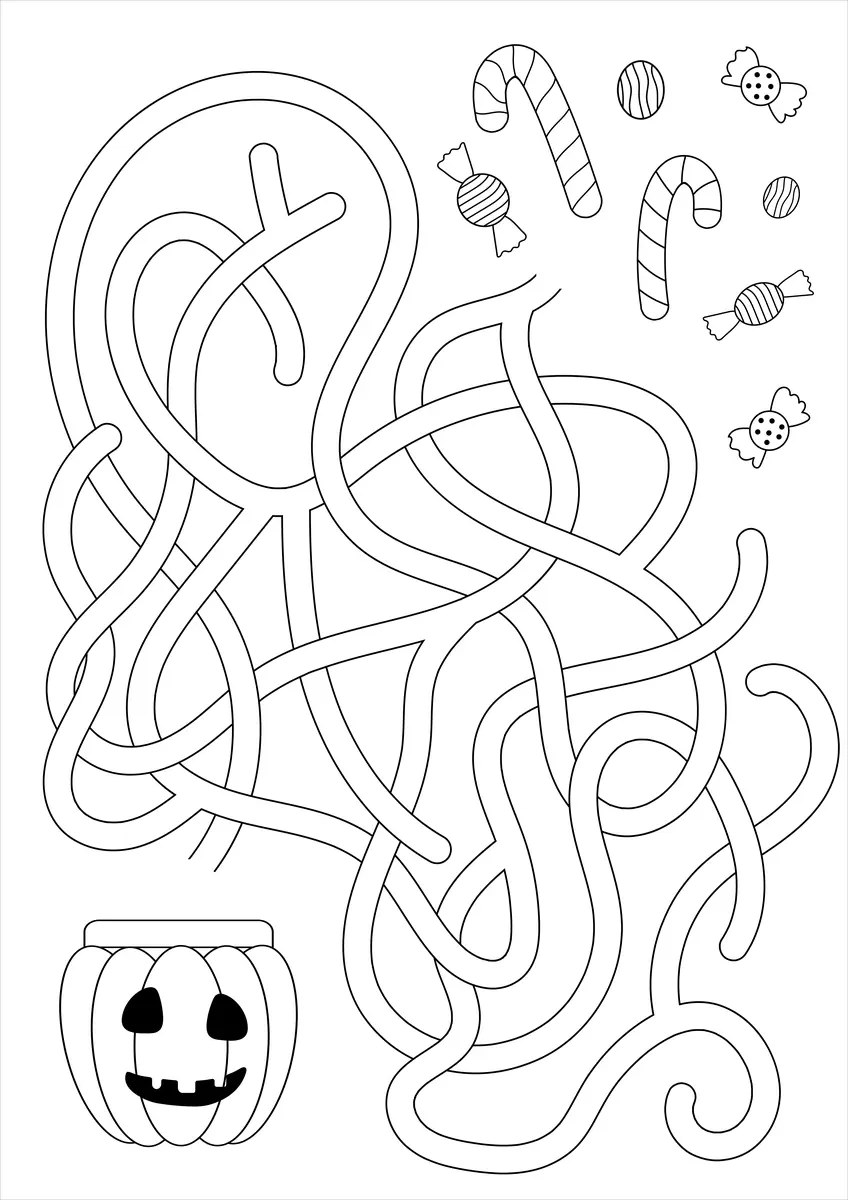 Black-and-white Halloween maze to colour where the pumpkin finds its way to the sweets to print