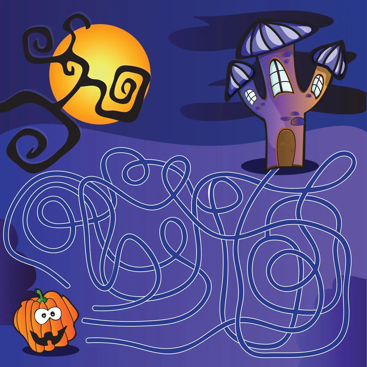 Halloween maze where the pumpkin reaches the haunted manor under the moon to print