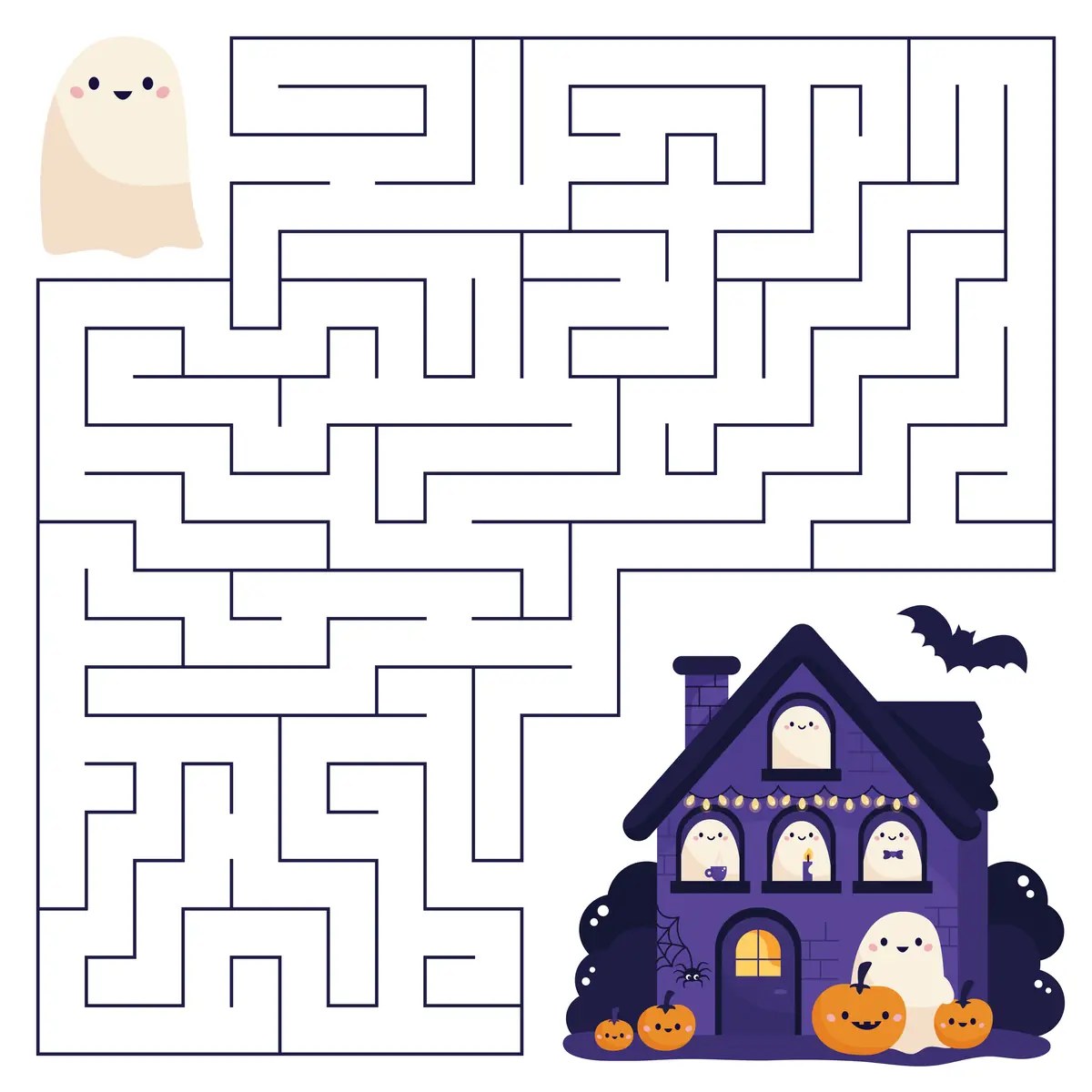 Kawaii Halloween maze where a little ghost reaches the haunted house to print