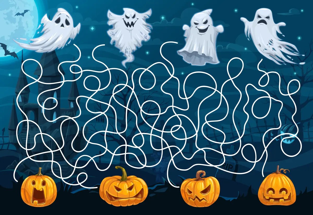 Halloween maze with four mischievous ghosts to link to the glowing pumpkins to print