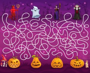 Colour Halloween maze with a devil, ghost, witch and vampire to link to the pumpkins to print