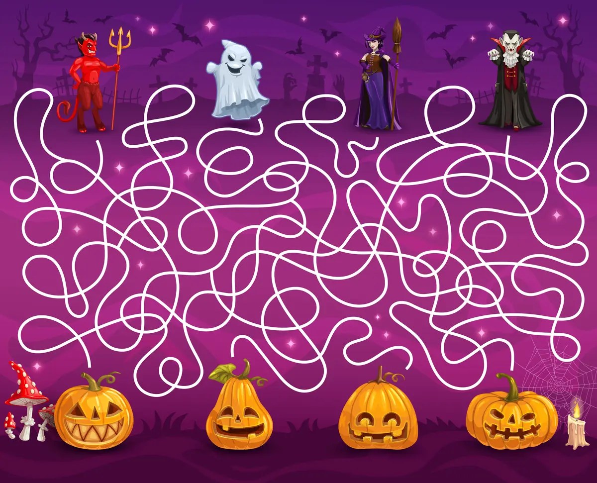 Colour Halloween maze with a devil, ghost, witch and vampire to link to the pumpkins to print
