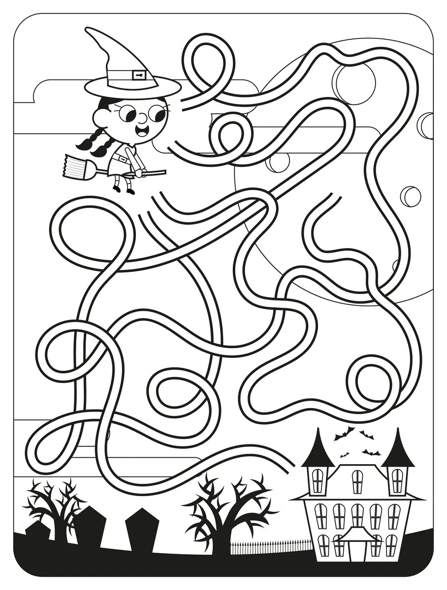 Black-and-white Halloween maze to colour with a little witch reaching the haunted castle to print