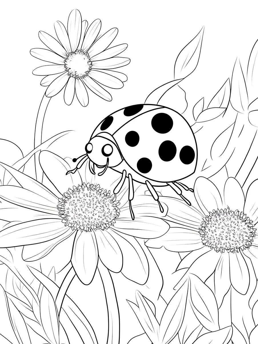 Disegno dettagliato di coccinella sulle margherite con foglie ed erbe da stampare