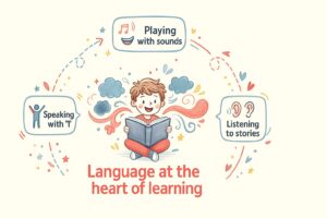 A preschool child learning spoken and written language with their teacher