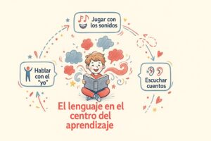 Niño de preescolar aprendiendo el lenguaje oral y escrito con su maestra