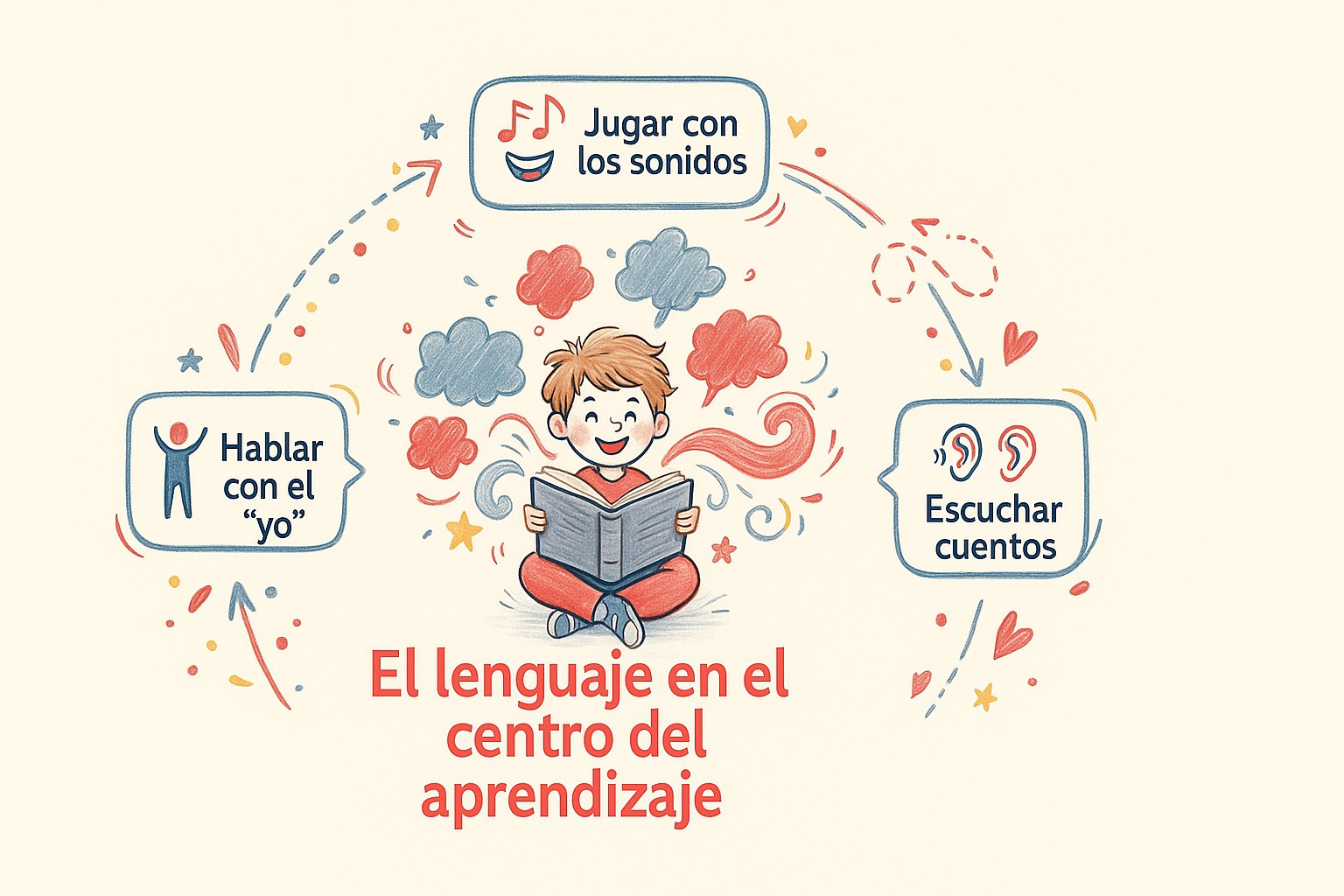 Niño de preescolar aprendiendo el lenguaje oral y escrito con su maestra