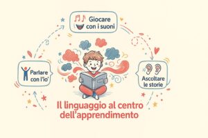 Bambino della scuola dell'infanzia che impara il linguaggio orale e scritto con la maestra