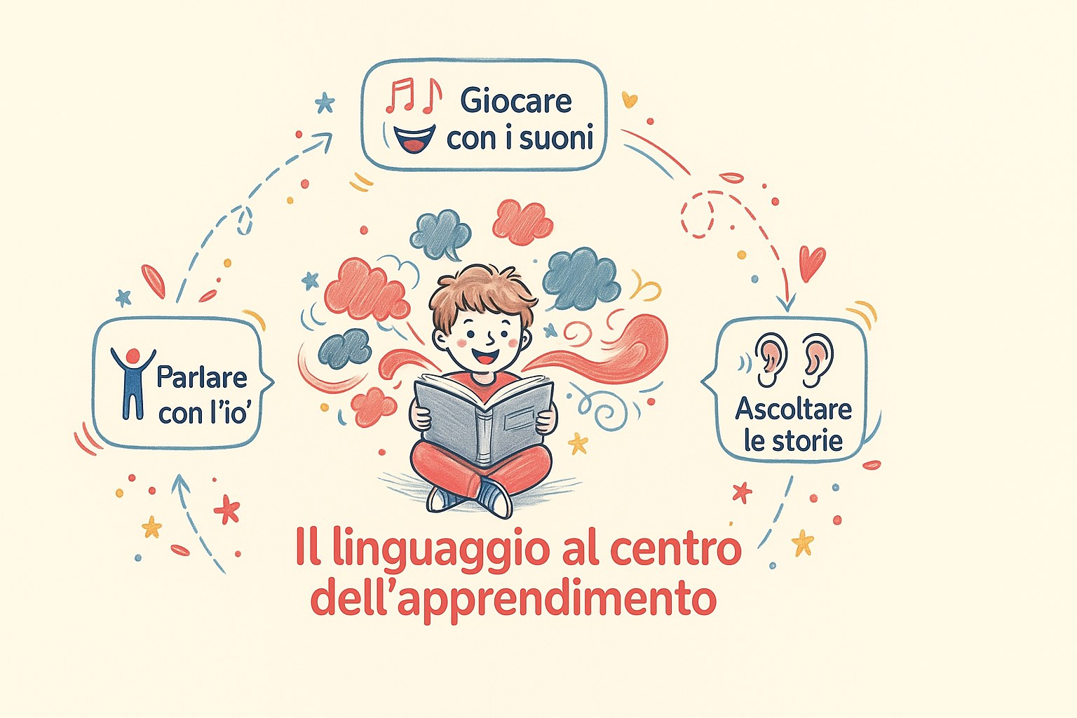 Bambino della scuola dell'infanzia che impara il linguaggio orale e scritto con la maestra