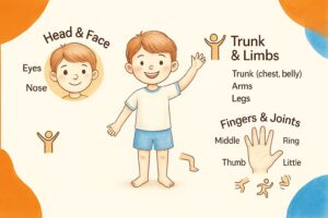 Child learning the parts of the face and body on an educational sheet