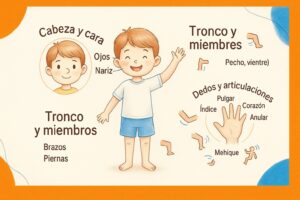 Nino que aprende las partes de la cara y del cuerpo en una ficha pedagogica