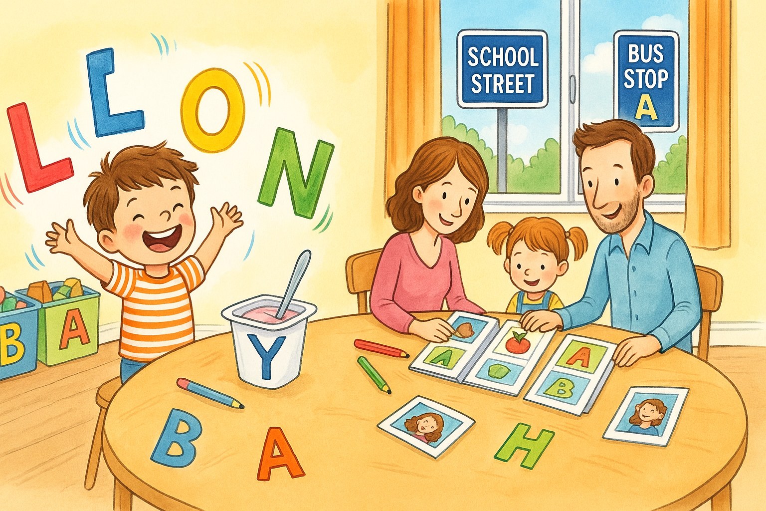 Child spelling their name with colourful letters while the family plays nearby
