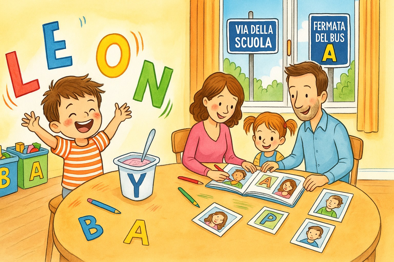 Un bambino compone il proprio nome con lettere colorate mentre la famiglia gioca vicino