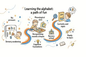 Cheerful infographic showing a child's playful path to learning the alphabet, labelled in English