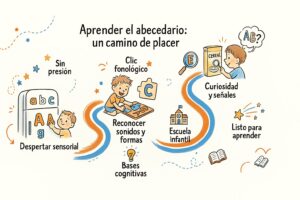 Infografía alegre que muestra el camino lúdico de un niño para aprender el abecedario, con etiquetas en español