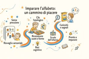 Infografica allegra che mostra il percorso giocoso di un bambino per imparare l'alfabeto, con etichette in italiano