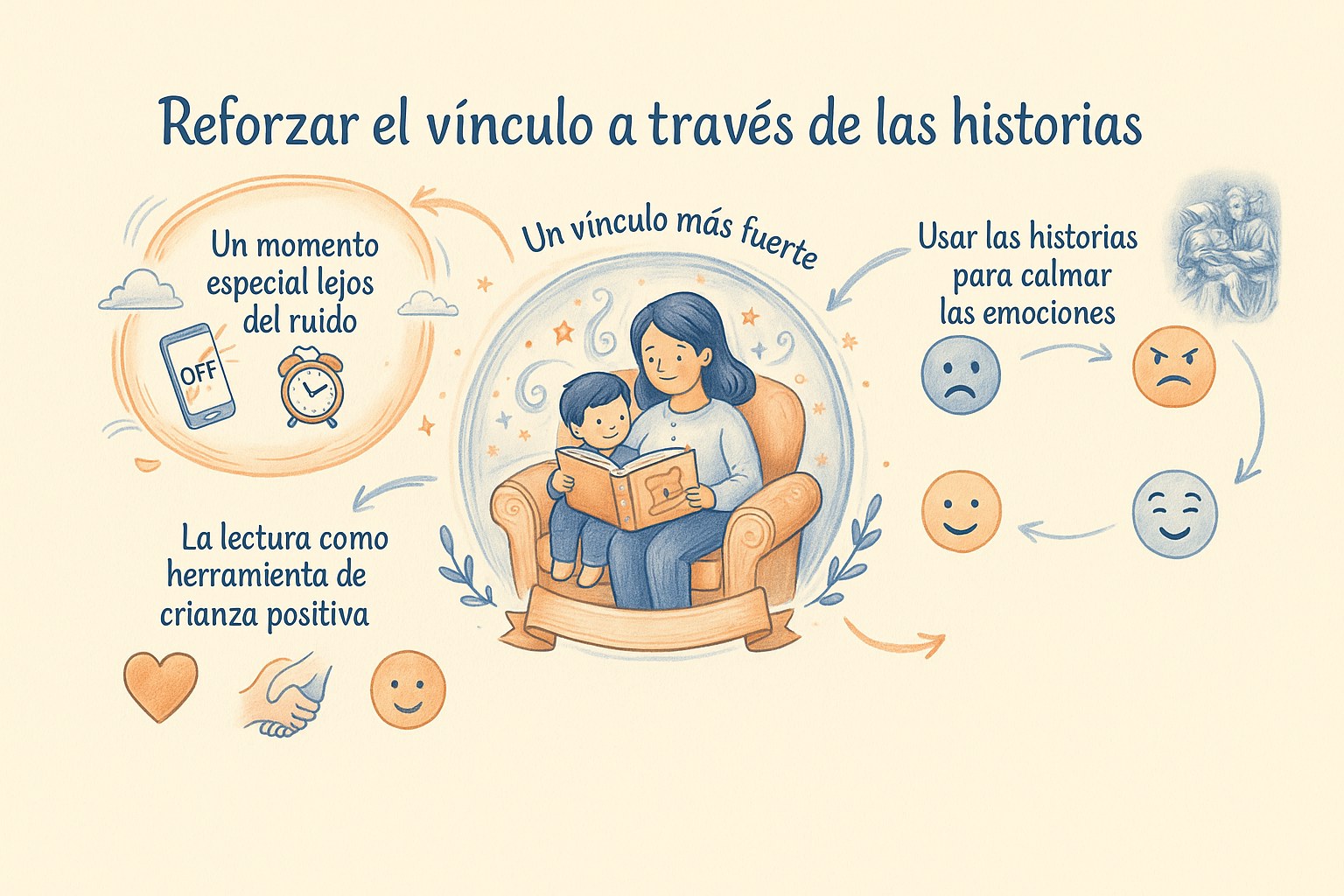 Una madre y su hijo leen un libro juntos en un ambiente cálido y acogedor