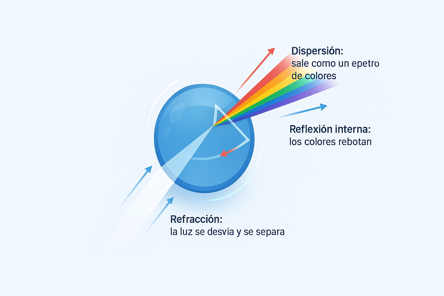 Esquema del recorrido de un rayo de luz que sufre una refracción y una reflexión dentro de una gota de agua y luego sale como un espectro de colores