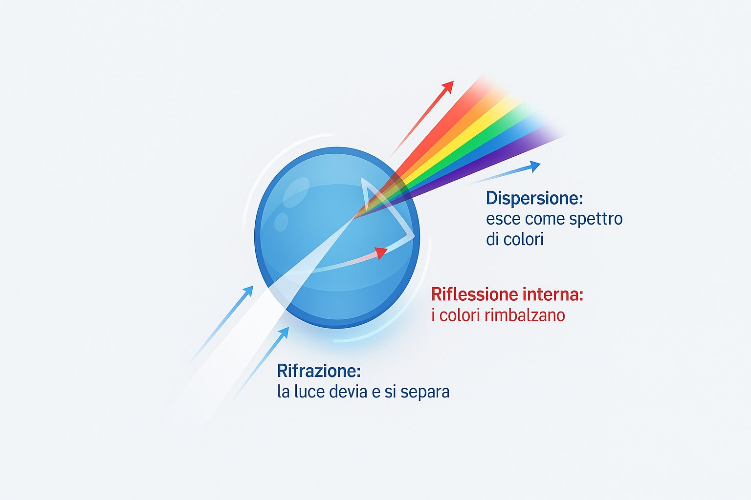 Schema del percorso di un raggio di luce che subisce una rifrazione e una riflessione dentro una goccia d'acqua e poi esce come uno spettro di colori