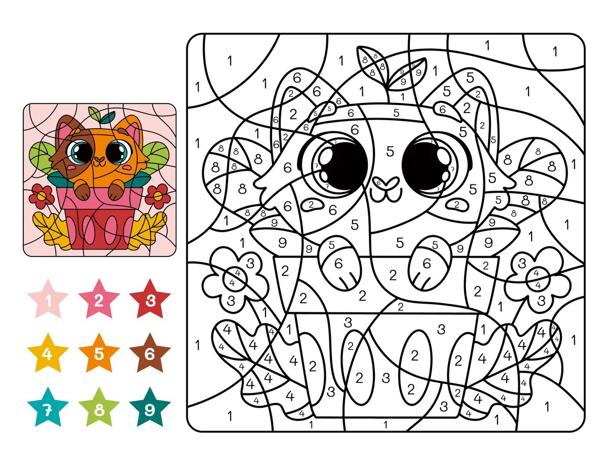 Magic colouring kitten in a flowerpot to print (9 colours)