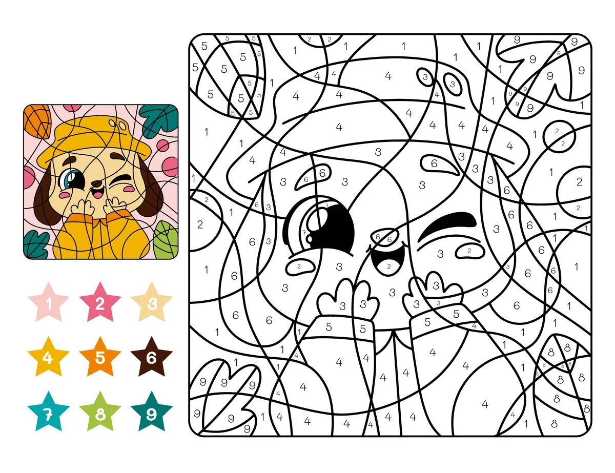 Magic colouring dog in a yellow raincoat to print (9 colours)