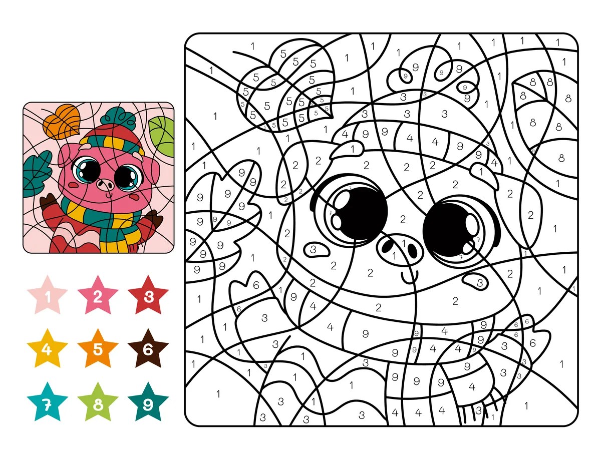 Magic colouring pig in a winter hat to print (9 colours)