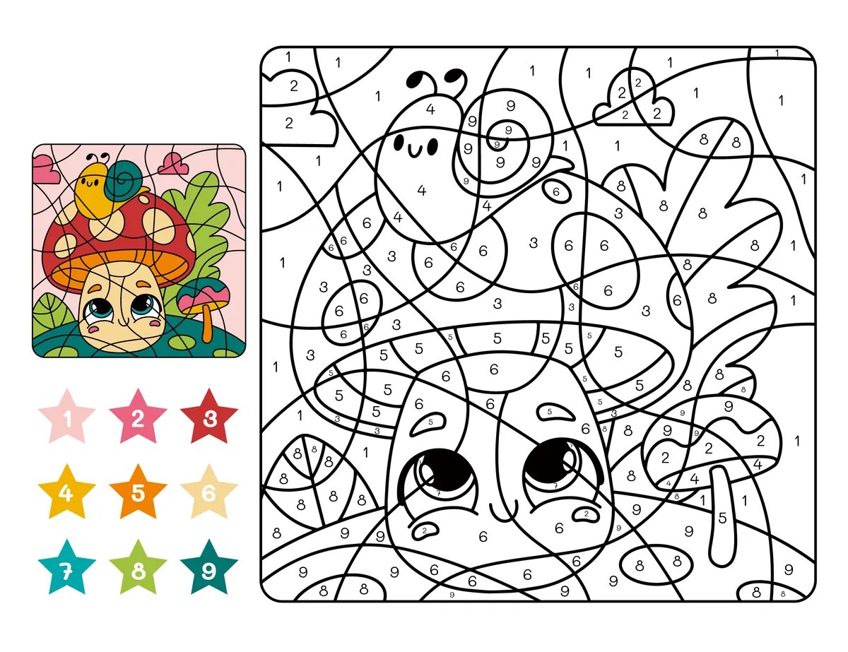 Magic colouring snail on a mushroom to print (9 colours)