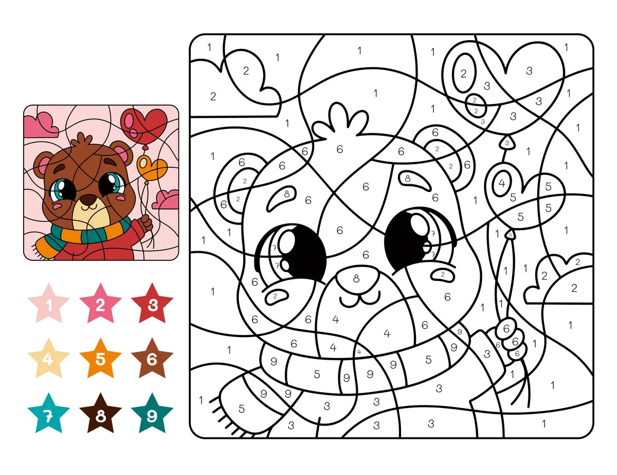 Magic colouring teddy bear with balloons to print (9 colours)