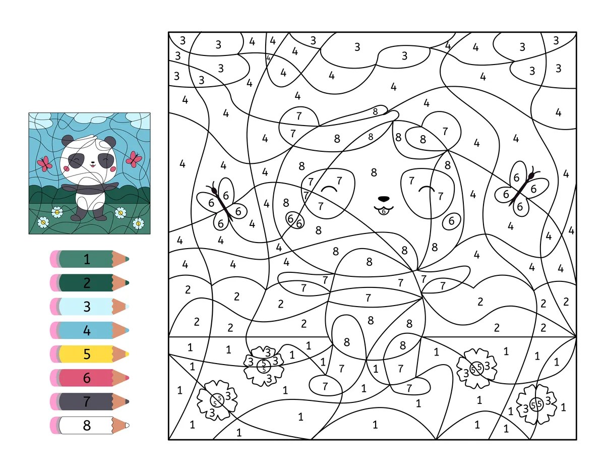 Magic colouring panda to print (8 colours)
