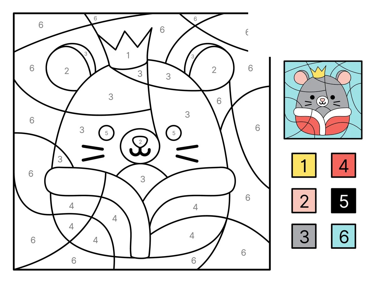 Magic colouring mouse with a crown to print (6 colours)