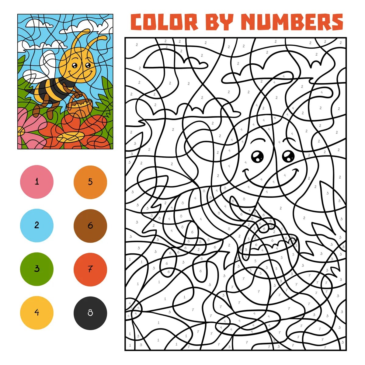 Magic colouring busy bee to print (8 colours)