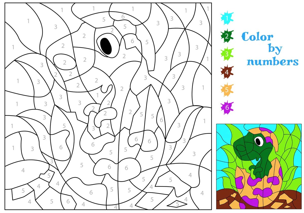Magic colouring baby dinosaur in its egg to print (6 colours)