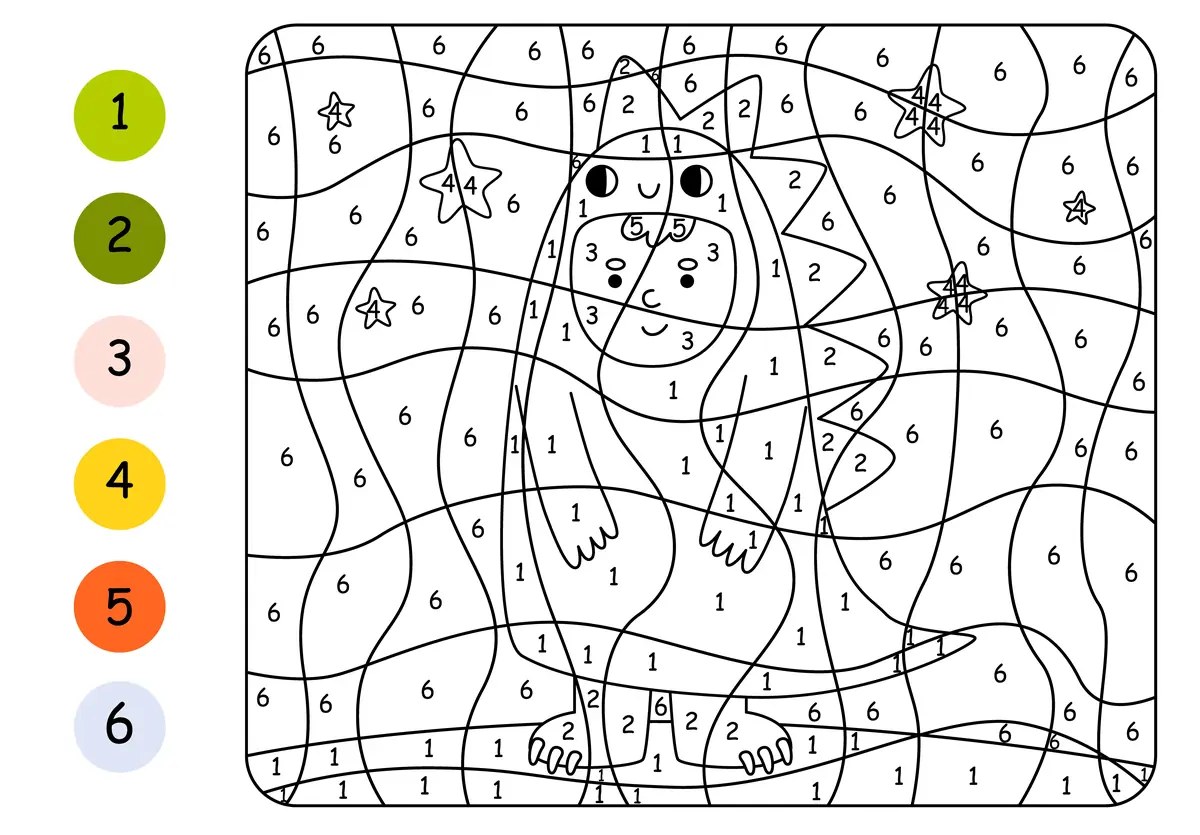 Magic colouring dinosaur and stars to print (6 colours)