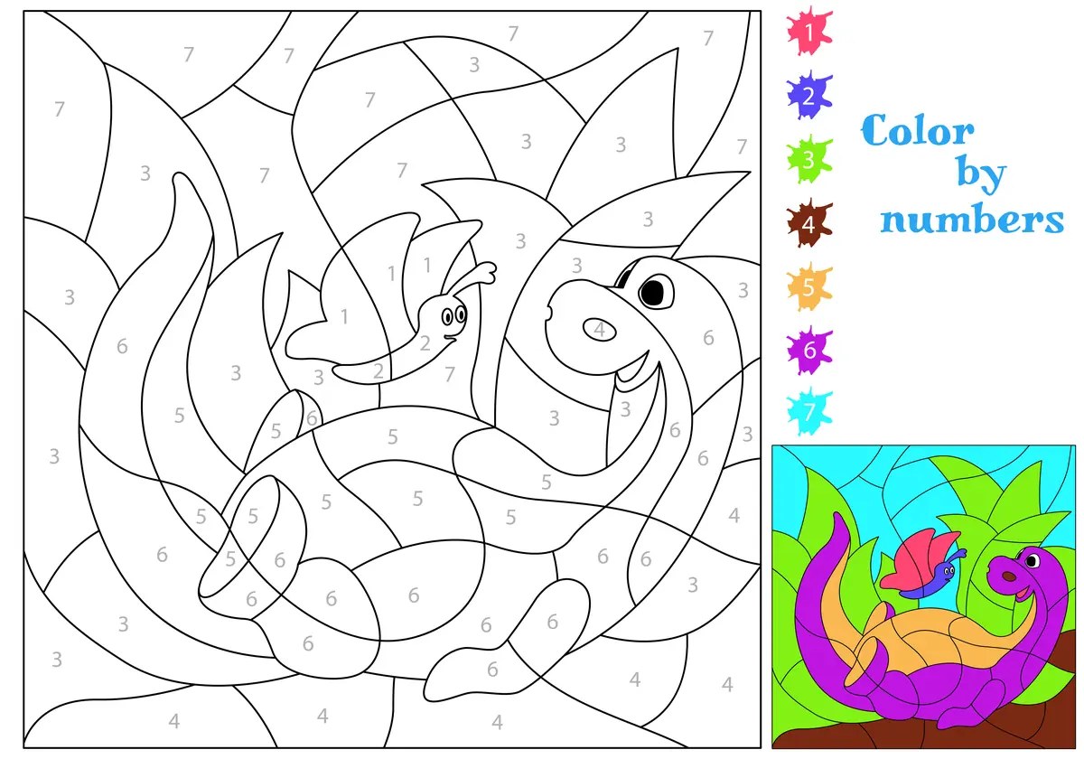 Magic colouring dinosaur and butterfly to print (7 colours)