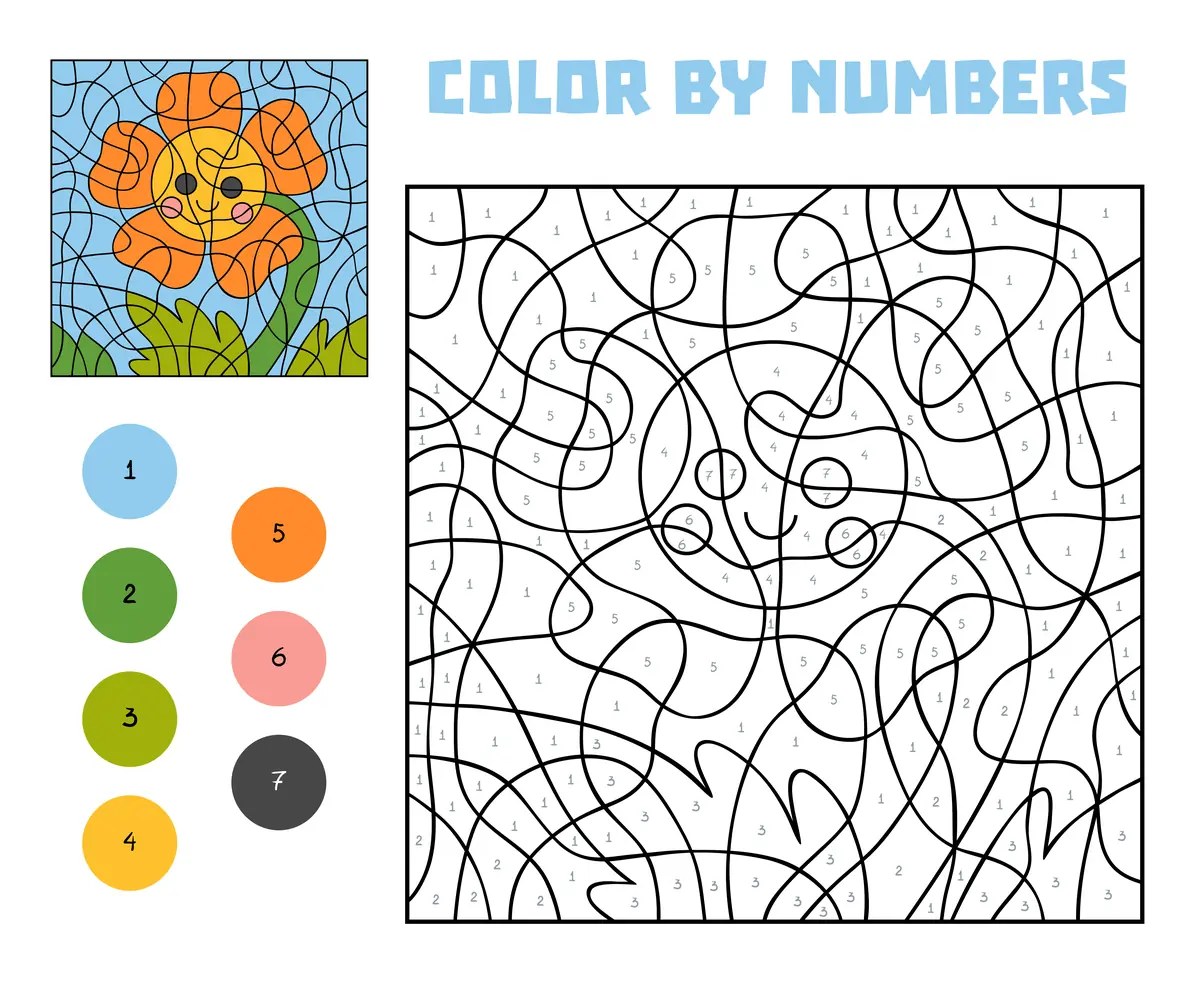 Magic colouring smiling flower to print (7 colours)