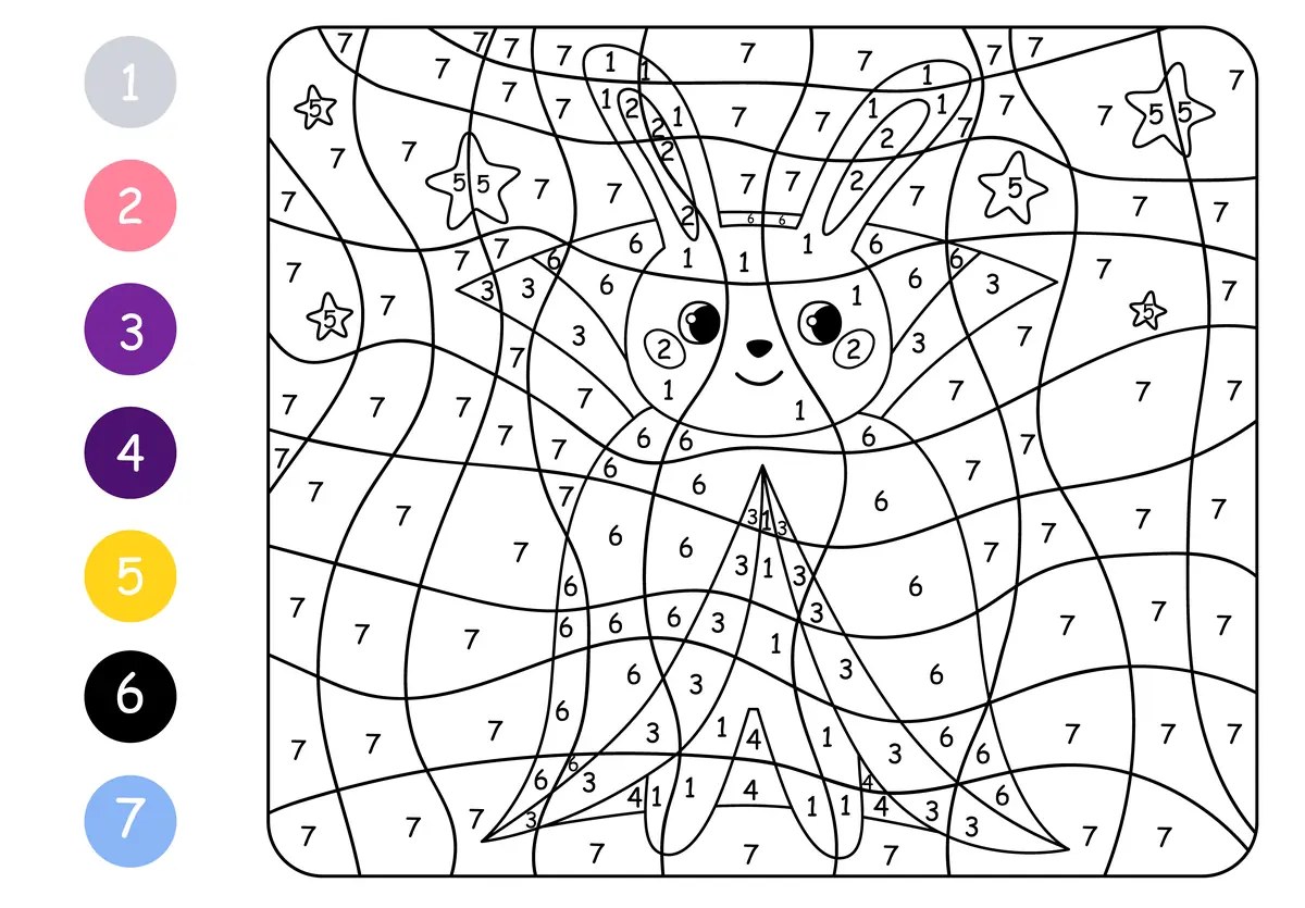 Magic colouring little rabbit in fancy dress to print (7 colours)