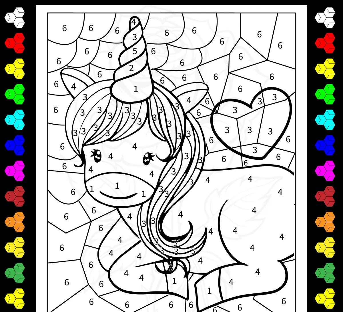 Magic colouring unicorn to print for ages 4-5 (6 colours)