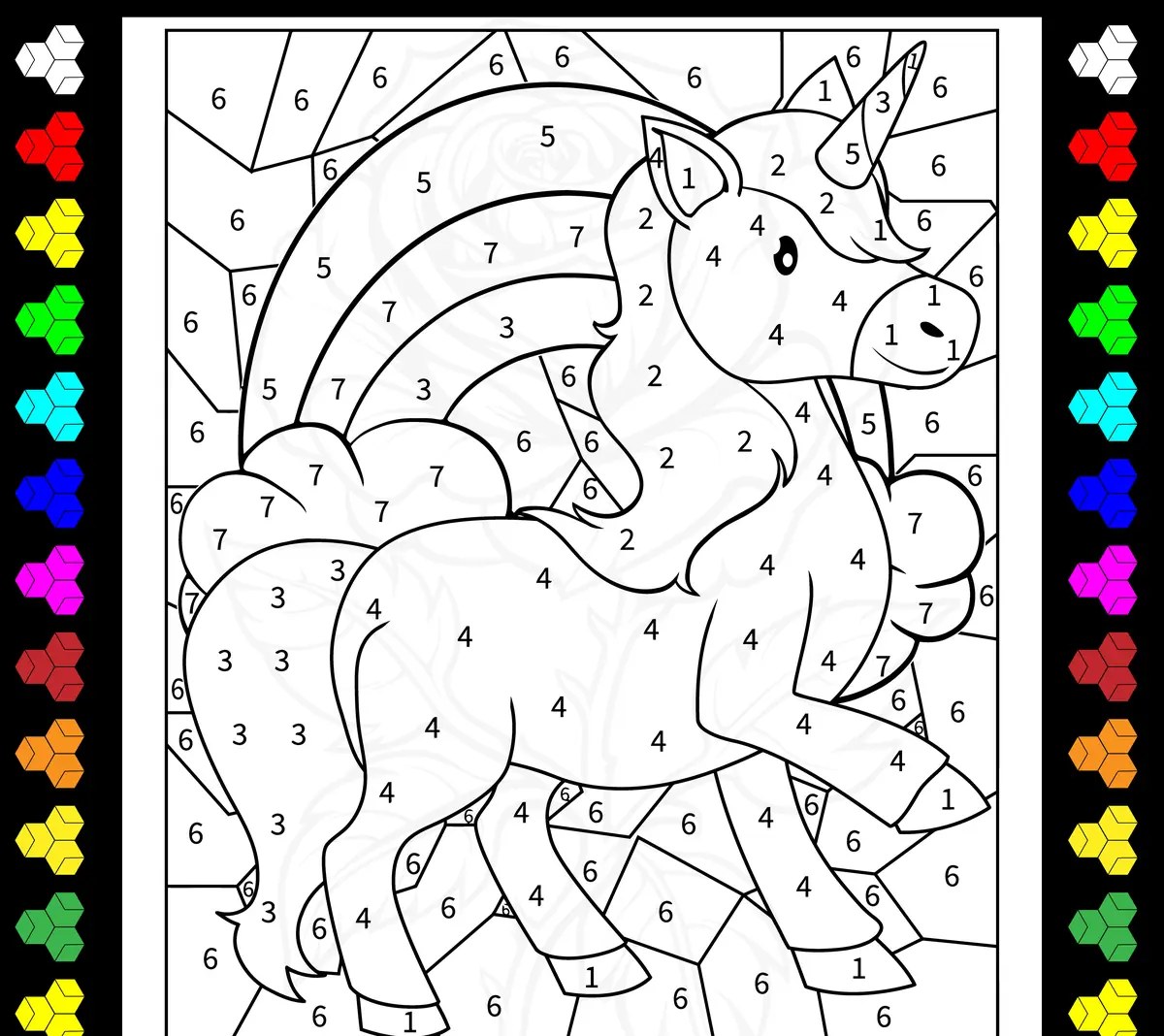 Magic colouring unicorn and rainbow to print (7 colours)