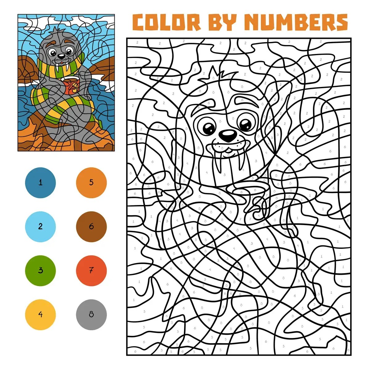 Magic colouring walrus in a scarf to print (8 colours)