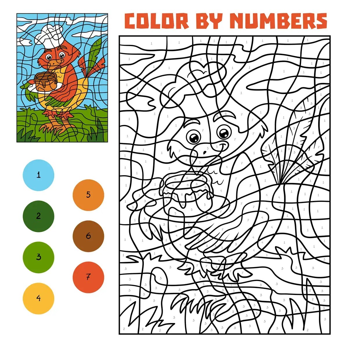 Magic colouring little chef bird to print (7 colours)