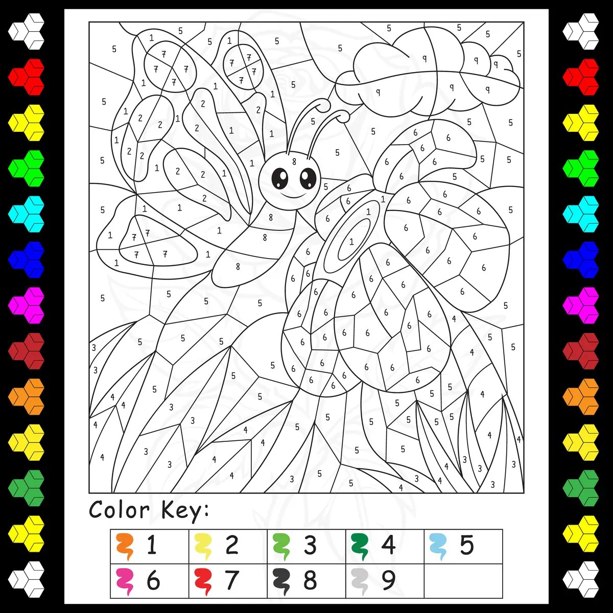 Magic colouring butterfly among the flowers to print (9 colours)
