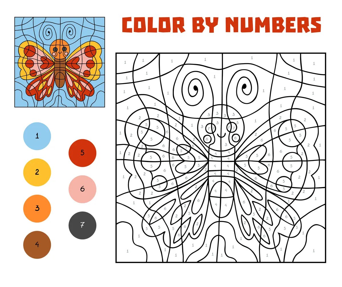Magic colouring mosaic-style butterfly to print (7 colours)