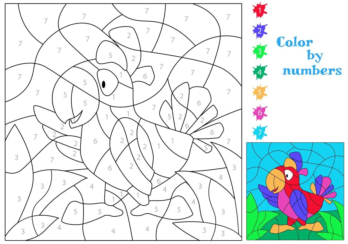 Magic colouring funny parrot to print (7 colours)