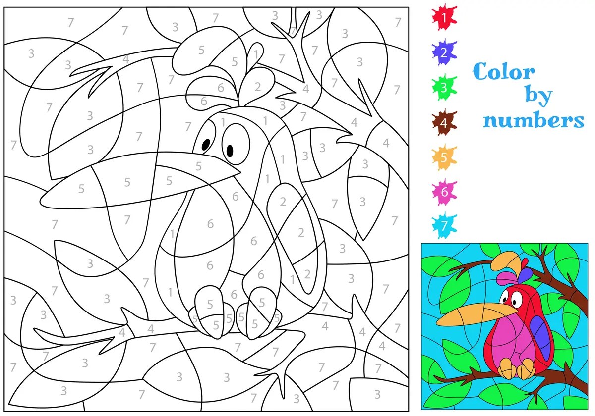 Magic colouring big-beaked toucan to print (7 colours)
