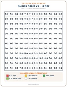 Hoja de colorear por numeros con sumas (additions 20 fleur)